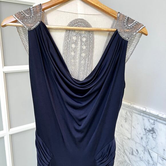 Reem Acra Beaded Embellished Mesh Back Gown Navy Blue Size 4 - Picture 13 of 13